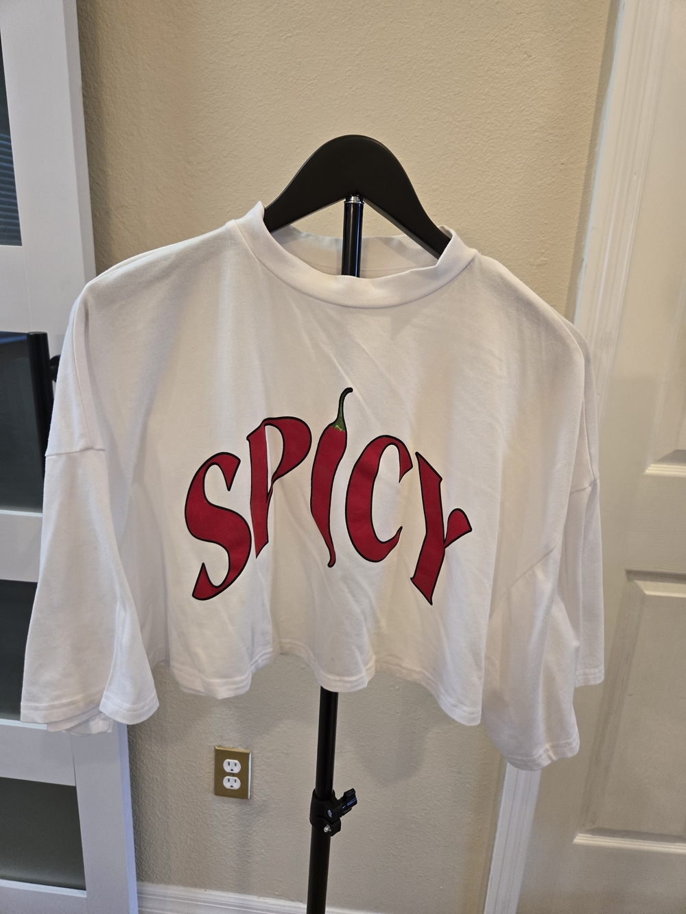 White Cropped 'SPICY' Graphic Tee with Red Chili